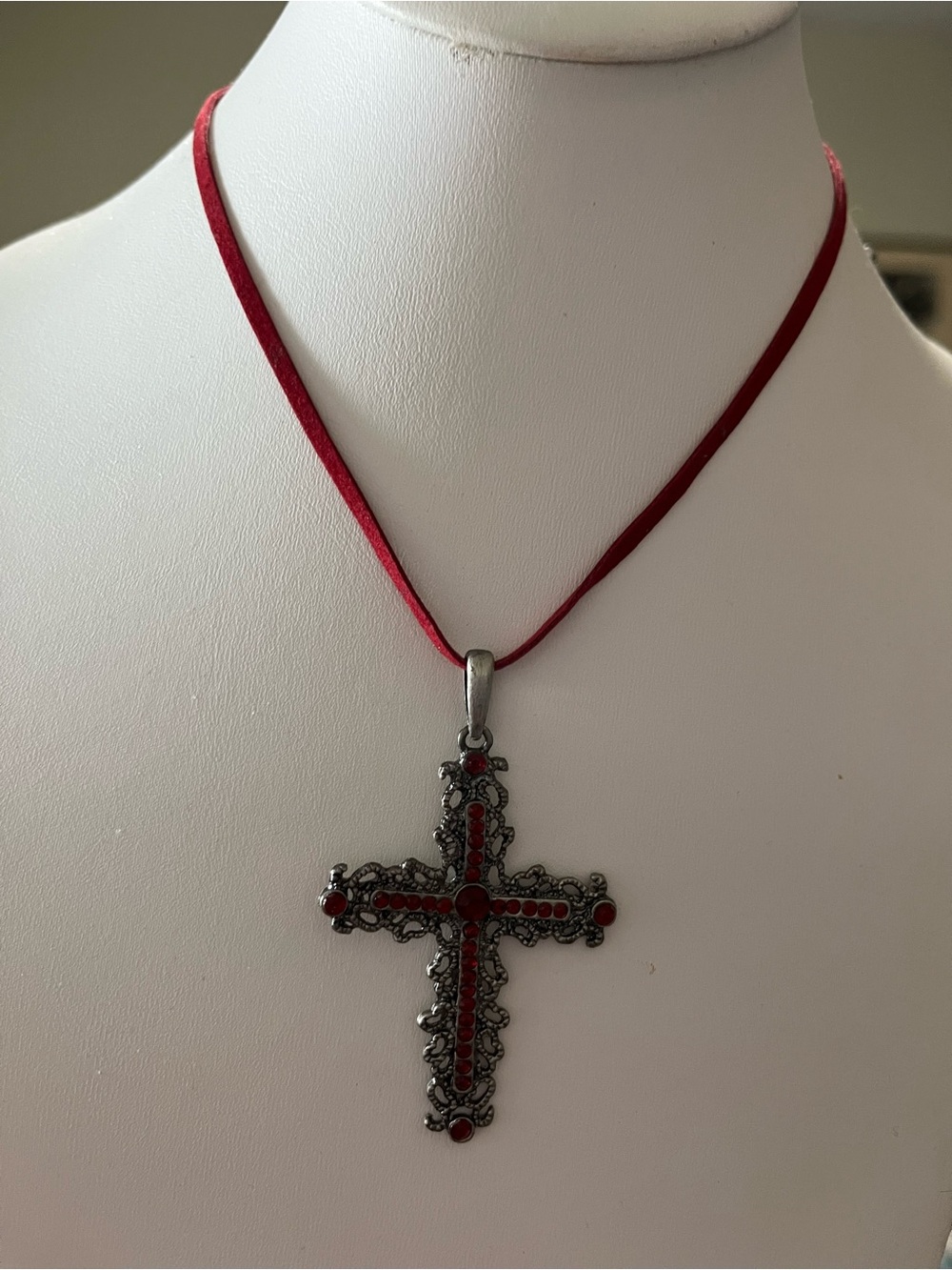 Red Crystal Filigree Cross Pendant Necklace - Women's Jewelry